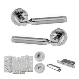 STATUS Dakota Door Handle Pack (Bathroom Set - 2.5" CE Bathroom Lock, 4" Fire Rated Hinges x3) - Satin Chrome/Polished Chrome
