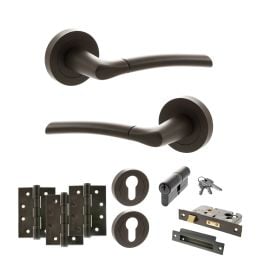 STATUS Indiana Door Handle Pack (Euro Lock Set - 3" CE Sashlock, 4" Fire Rated Hinges x3) - Urban Dark Bronze