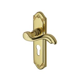 Heritage Brass Door Handle for Euro Profile Plate Lisboa Design Polished Brass finish