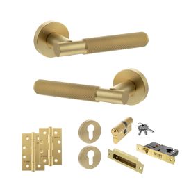 Senza Pari Rosarno Door Handle Pack (Euro Lock Set - 3" CE Sashlock, 4" Slim Knuckle Hinges x2) - Satin Brass