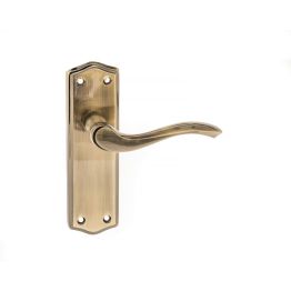 Old English Warwick Latch Lever Door Handle on Backplate - Antique Brass
