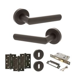 STATUS Carolina Door Handle Pack (3 Lever Lock Set - 3" CE Sashlock, 4" Fire Rated Hinges x3) - Urban Dark Bronze
