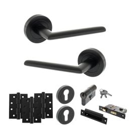 STATUS Alabama Door Handle Pack (Euro Lock Set - 3" CE Sashlock, 4" Fire Rated Hinges x3) - Matt Black