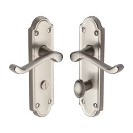 Heritage Brass Door Handle for Bathroom Meridian Design Satin Nickel finish