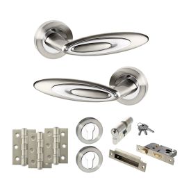 Senza Pari Elisse Door Handle Pack (Euro Lock Set - 3" CE Sashlock, 3" Fire Rated Hinges x3) - Satin Nickel/Chrome Plate