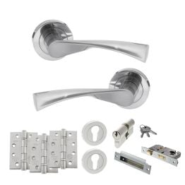 STATUS Colorado Door Handle Pack (Euro Lock Set - 3" CE Sashlock, 4" Fire Rated Hinges x3) - Satin Chrome