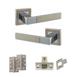 STATUS Montana Door Handle Pack (Latch Set - 2.5" CE Latch, 4" Slim Knuckle Hinges x2) - Satin Nickel/Polished Chrome