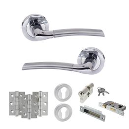 STATUS Indiana Door Handle Pack (Euro Lock Set - 3" CE Sashlock, 3" Fire Rated Hinges x3) - Satin Chrome/Polished Chrome
