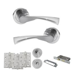 STATUS Colorado Door Handle Pack (Bathroom Set - 2.5" CE Bathroom Lock, 4" Fire Rated Hinges x3) - Satin Chrome