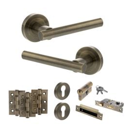 STATUS Nebraska Door Handle Pack (Euro Lock Set - 2.5" CE Sashlock, 3" Fire Rated Hinges x3) - Antique Brass