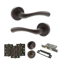 STATUS Texas Door Handle Pack (Bathroom Set - 2.5" CE Bathroom Lock, 4" Fire Rated Hinges x3) - Urban Dark Bronze