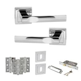 STATUS Kansas Door Handle Pack (3 Lever Lock Set - 2.5" CE Sashlock, 3" Fire Rated Hinges x3) - Polished Chrome
