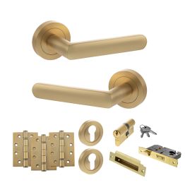 STATUS Carolina Door Handle Pack (Euro Lock Set - 2.5" CE Sashlock, 4" Fire Rated Hinges x3) - Satin Brass