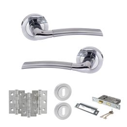 STATUS Indiana Door Handle Pack (3 Lever Lock Set - 2.5" CE Sashlock, 3" Fire Rated Hinges x3) - Satin Chrome/Polished Chrome