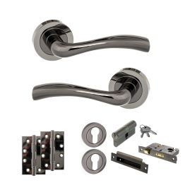 STATUS Texas Door Handle Pack (Euro Lock Set - 2.5" CE Sashlock, 4" Slim Knuckle Hinges x2) - Black Nickel