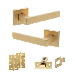 STATUS Montana Door Handle Pack (Latch Set - 2.5" CE Latch, 4" Slim Knuckle Hinges x2) - Satin Brass