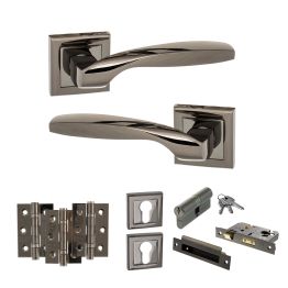STATUS Oklahoma Door Handle Pack (Euro Lock Set - 3" CE Sashlock, 3" Fire Rated Hinges x3) - Black Nickel