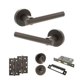 STATUS Nebraska Door Handle Pack (Bathroom Set - 2.5" CE Bathroom Lock, 4" Slim Knuckle Hinges x2) - Urban Dark Bronze