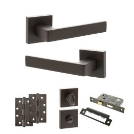 STATUS Montana Door Handle Pack (Bathroom Set - 3" CE Bathroom Lock, 4" Slim Knuckle Hinges x2) - Urban Dark Bronze