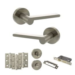 Senza Pari Darrio Door Handle Pack (Bathroom Set - 2.5" CE Bathroom Lock, 3" Fire Rated Hinges x3) - Satin Nickel