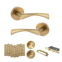 STATUS Colorado Door Handle Pack (Bathroom Set - 3" CE Bathroom Lock, 4" Fire Rated Hinges x3) - Satin Brass