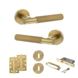 Senza Pari Rosarno Door Handle Pack (3 Lever Lock Set - 2.5" CE Sashlock, 4" Slim Knuckle Hinges x2) - Satin Brass
