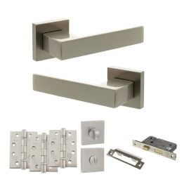 Senza Pari Panetti Door Handle Pack (Bathroom Set - 2.5" CE Bathroom Lock, 4" Fire Rated Hinges x3) - Satin Nickel