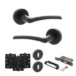 STATUS Indiana Door Handle Pack (3 Lever Lock Set - 2.5" CE Sashlock, 4" Fire Rated Hinges x3) - Matt Black