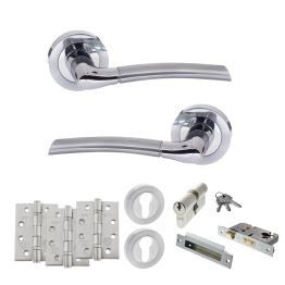 STATUS Indiana Door Handle Pack (Euro Lock Set - 2.5" CE Sashlock, 4" Fire Rated Hinges x3) - Satin Chrome/Polished Chrome