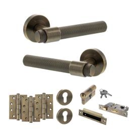 Senza Pari Andretta Door Handle Pack (Euro Lock Set - 3" CE Sashlock, 4" Fire Rated Hinges x3) - Antique Brass