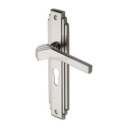 Heritage Brass Door Handle Euro Profile Plate Tiffany Design Polished Nickel Finish