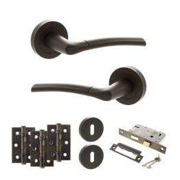STATUS Indiana Door Handle Pack (3 Lever Lock Set - 2.5" CE Sashlock, 3" Fire Rated Hinges x3) - Urban Dark Bronze