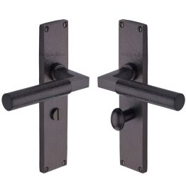 Heritage Brass Bauhaus Hammered Bathroom Set Door Handle on 200mm Plate Matt Bronze finish