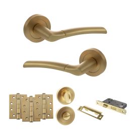 STATUS Indiana Door Handle Pack (Bathroom Set - 2.5" CE Bathroom Lock, 4" Fire Rated Hinges x3) - Satin Brass