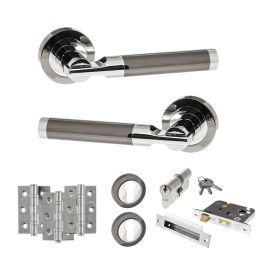 STATUS Dakota Door Handle Pack (Euro Lock Set - 2.5" CE Sashlock, 3" Fire Rated Hinges x3) - Black Nickel/Polished Chrome