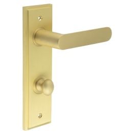 Kensington Door Handle Din Bathroom Backplate Satin Brass & Turn & Release - By Frelan Hardware - BUR-25SB-456SB-80SB
