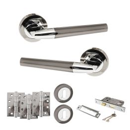 STATUS Tennessee Door Handle Pack (3 Lever Lock Set - 2.5" CE Sashlock, 4" Fire Rated Hinges x3) - Black Nickel/Polished Chrome
