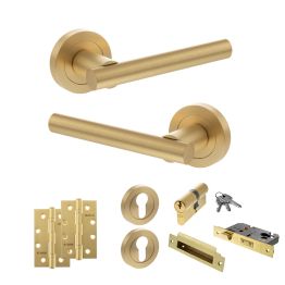 STATUS Nebraska Door Handle Pack (Euro Lock Set - 3" CE Sashlock, 4" Slim Knuckle Hinges x2) - Satin Brass