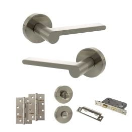 Senza Pari Darrio Door Handle Pack (Bathroom Set - 3" CE Bathroom Lock, 4" Slim Knuckle Hinges x2) - Satin Nickel