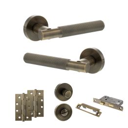 Senza Pari Rosarno Door Handle Pack (Bathroom Set - 2.5" CE Bathroom Lock, 4" Slim Knuckle Hinges x2) - Antique Brass