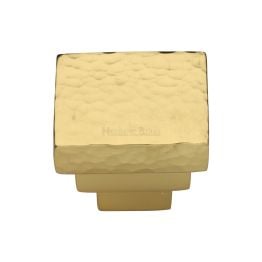 Heritage Brass Cabinet Knob Square Stepped Hammered Design 32mm Polished Brass finish