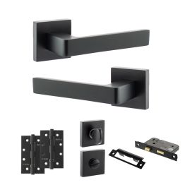 STATUS Montana Door Handle Pack (Bathroom Set - 2.5" CE Bathroom Lock, 4" Slim Knuckle Hinges x2) - Matt Black
