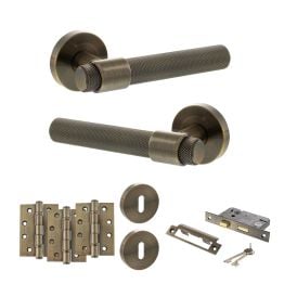 Senza Pari Andretta Door Handle Pack (3 Lever Lock Set - 3" CE Sashlock, 4" Fire Rated Hinges x3) - Antique Brass