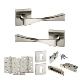 Senza Pari Guido Door Handle Pack (Euro Lock Set - 3" CE Sashlock, 4" Fire Rated Hinges x3) - Satin Nickel