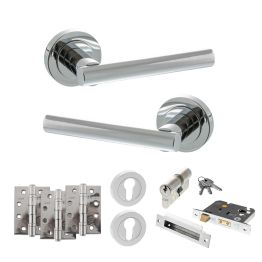 STATUS Nebraska Door Handle Pack (Euro Lock Set - 3" CE Sashlock, 4" Fire Rated Hinges x3) - Polished Chrome