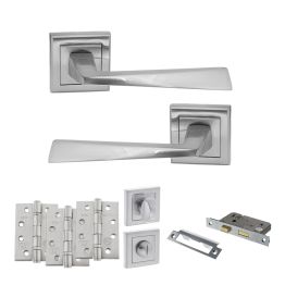 STATUS California Door Handle Pack (Bathroom Set - 3" CE Bathroom Lock, 4" Fire Rated Hinges x3) - Satin Chrome