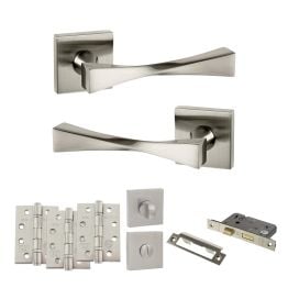 Senza Pari Guido Door Handle Pack (Bathroom Set - 3" CE Bathroom Lock, 4" Fire Rated Hinges x3) - Satin Nickel