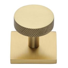 Heritage Brass Cabinet Knob Disc Knurled Design with Square Backplate 32mm Satin Brass finish