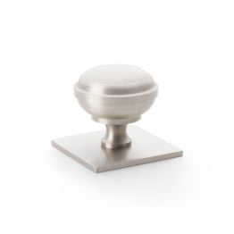 Alexander & Wilks - Quantock Cupboard Knob on Square Backplate - Satin Nickel - 38mm