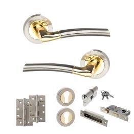 STATUS Indiana Door Handle Pack (Euro Lock Set - 2.5" CE Sashlock, 4" Slim Knuckle Hinges x2) - Satin Nickel/Polished Brass